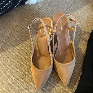 Tahari Tan Suede Pointed Slingback Heels